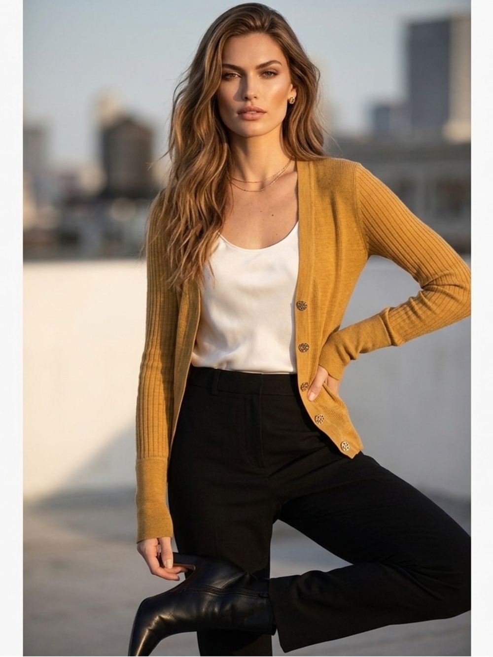 Tory Burch Shrunken Simone Ribbed Cardigan in mustard yellow